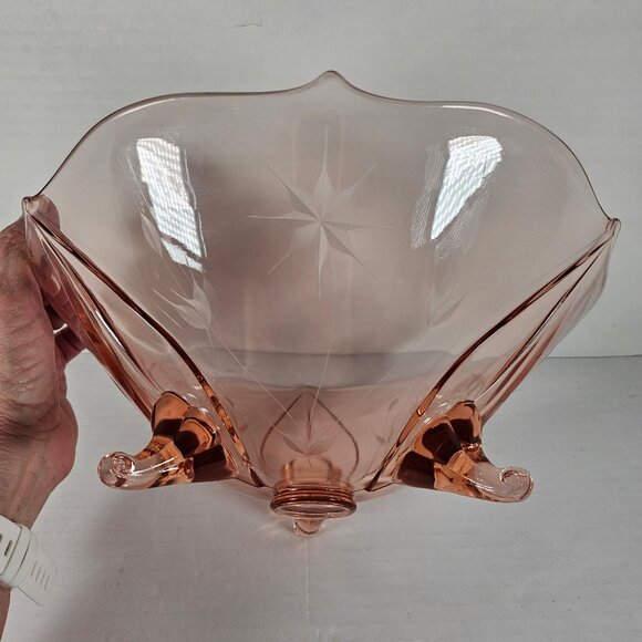 Jubilee Lancaster Pink Depression Large Glass Bowl Vintage Etched Floral Footed - Picture 4 of 13